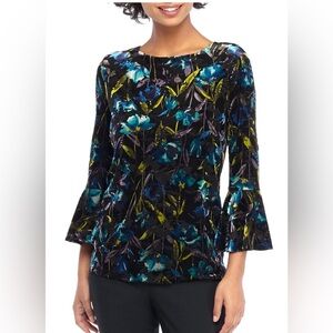 The Limited Floral Velvet Blouse Women’s Ruffle Bell Sleeves Back Tie Large